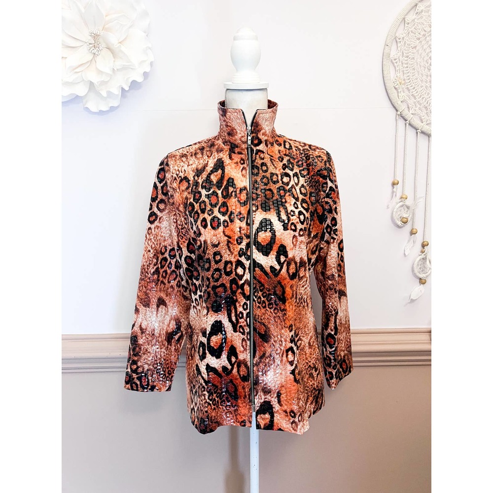 Misook Animal Print Zip Up Cardigan Size Large